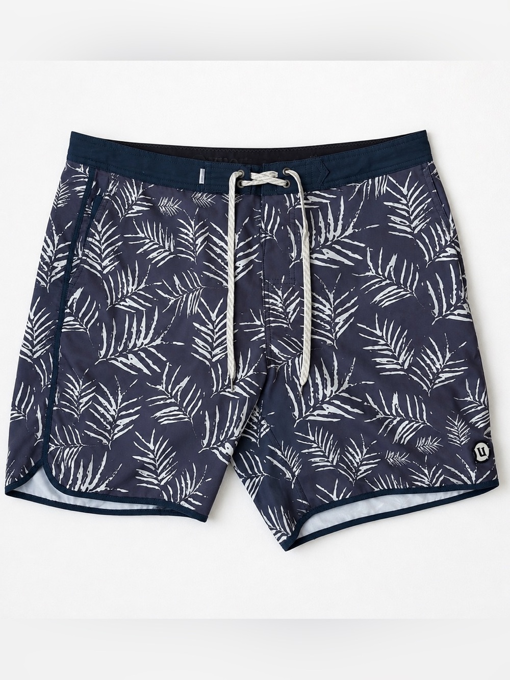Vuori Men’s Board Shorts L Navy Palm Print Swim Trunks Quick Dry Tropical